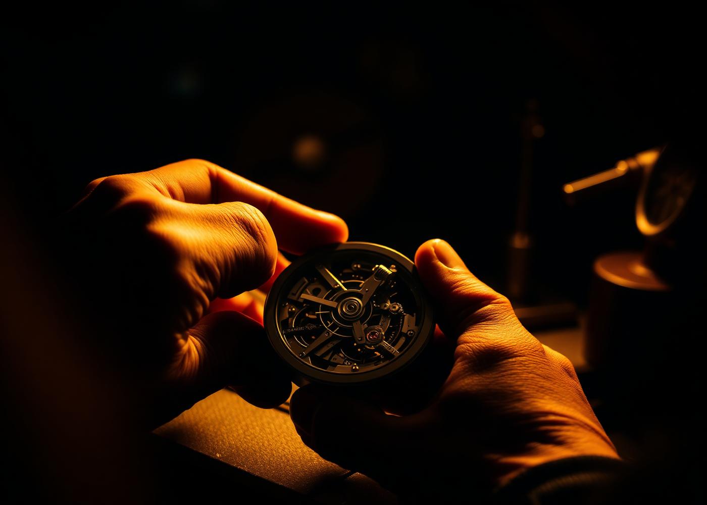 A watchmaker's hands assembling a mechanical movement